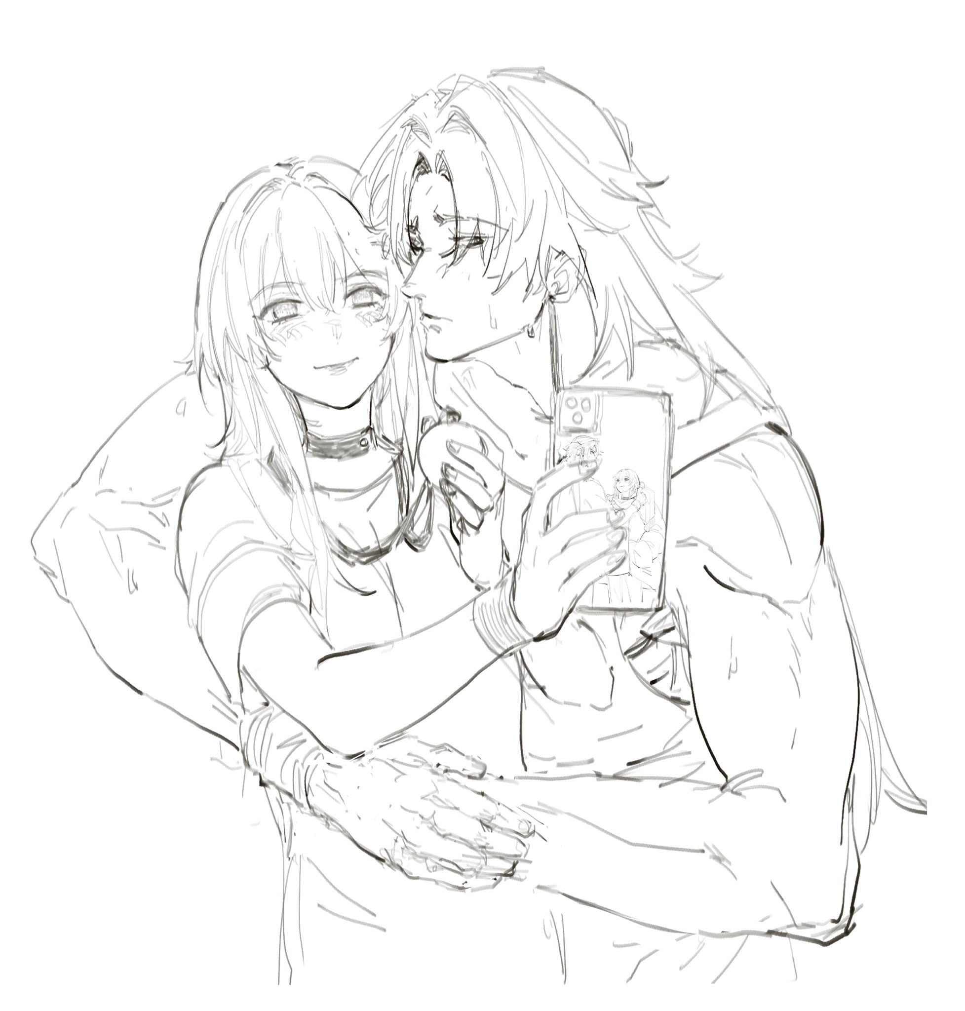 this is a pencil sketch of a couple taking a selfie. the man is hugging the woman from behind, and they both look happy. the woman is holding the phone and the man is peeking over her shoulder. the sketch is drawn in a simplistic style and the lines are light and flowing.  it is a very sweet and romantic image.