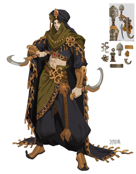 the image showcases a digital character design concept of a male warrior or assassin. he is clad in elaborate middleeastern inspired attire, featuring a flowing dark robe with intricate gold embroidery, a green sash with matching patterns, a wrapped head covering, and ornate armguards. he is armed with dual curved scimitars, the details of which are broken down in accompanying design notes on the right side of the image. the overall style is reminiscent of fantasy illustrations, emphasizing rich detail and vibrant color.
