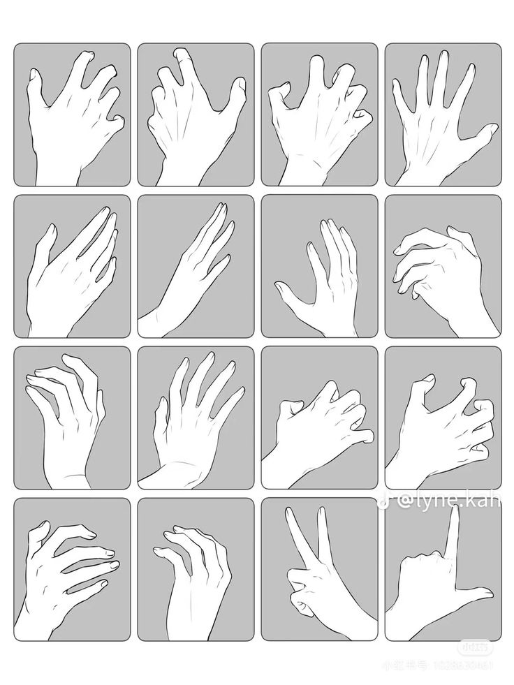 the image is a collection of 16 hand pose drawings with grey background. these are simple line art studies of hands in various positions and gestures. there are examples such as open hands, clenched hands, hand pointing, peace sign and more. these are intended for use as a reference for artists.