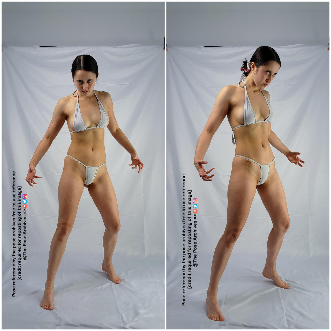 a woman in a white bikini is standing in a fighting stance against a white background. the image is split into two, showcasing the pose from slightly different angles. ```