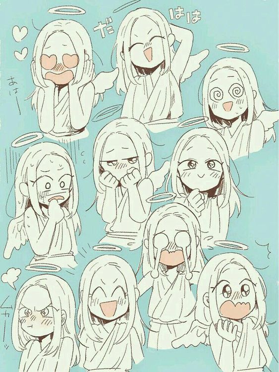 the image features a grid of nine drawings of the same female anime character dressed as an angel.  she is depicted in a variety of cute and expressive poses. she has large eyes, small features, and long hair, and she wears a simple white robe with angel wings and a halo.  the drawings are done in a soft, sketchy style, and the overall effect is lighthearted and charming.