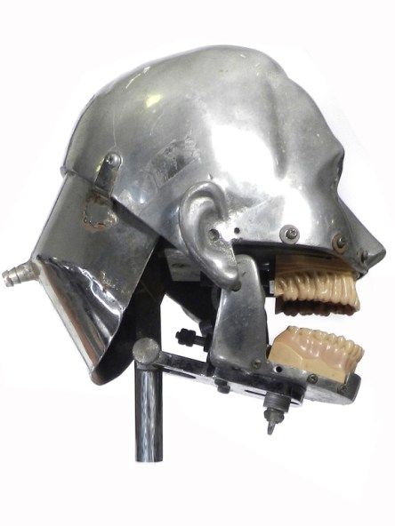a side view of a chrome dental model head, sitting on a stand, with plastic teeth attached to its open jaw.