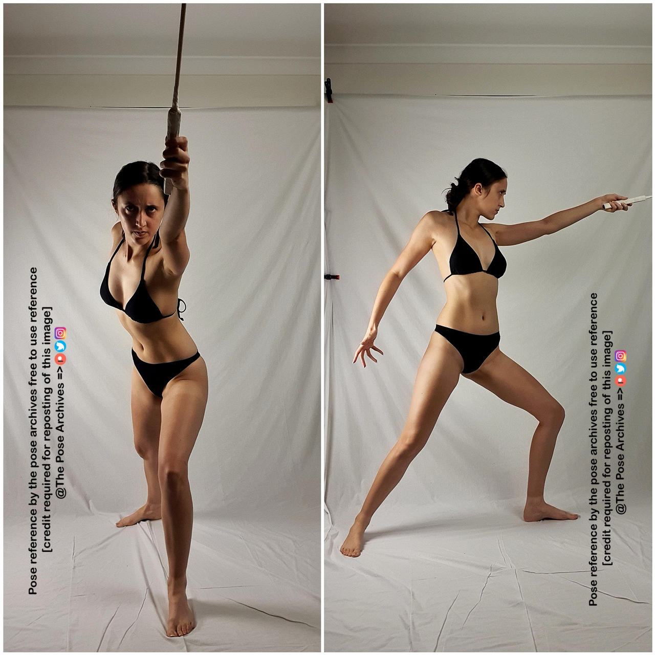 the image shows a woman in a black bikini posing in two different dynamic stances against a plain gray background. she is holding a long, thin, white object, possibly a staff or sword, in her right hand. the lighting is artificial and comes from the side, creating shadows that accentuate her muscles and the flow of her movements. the image is a reference for artists, specifically for figure drawing and capturing action poses.