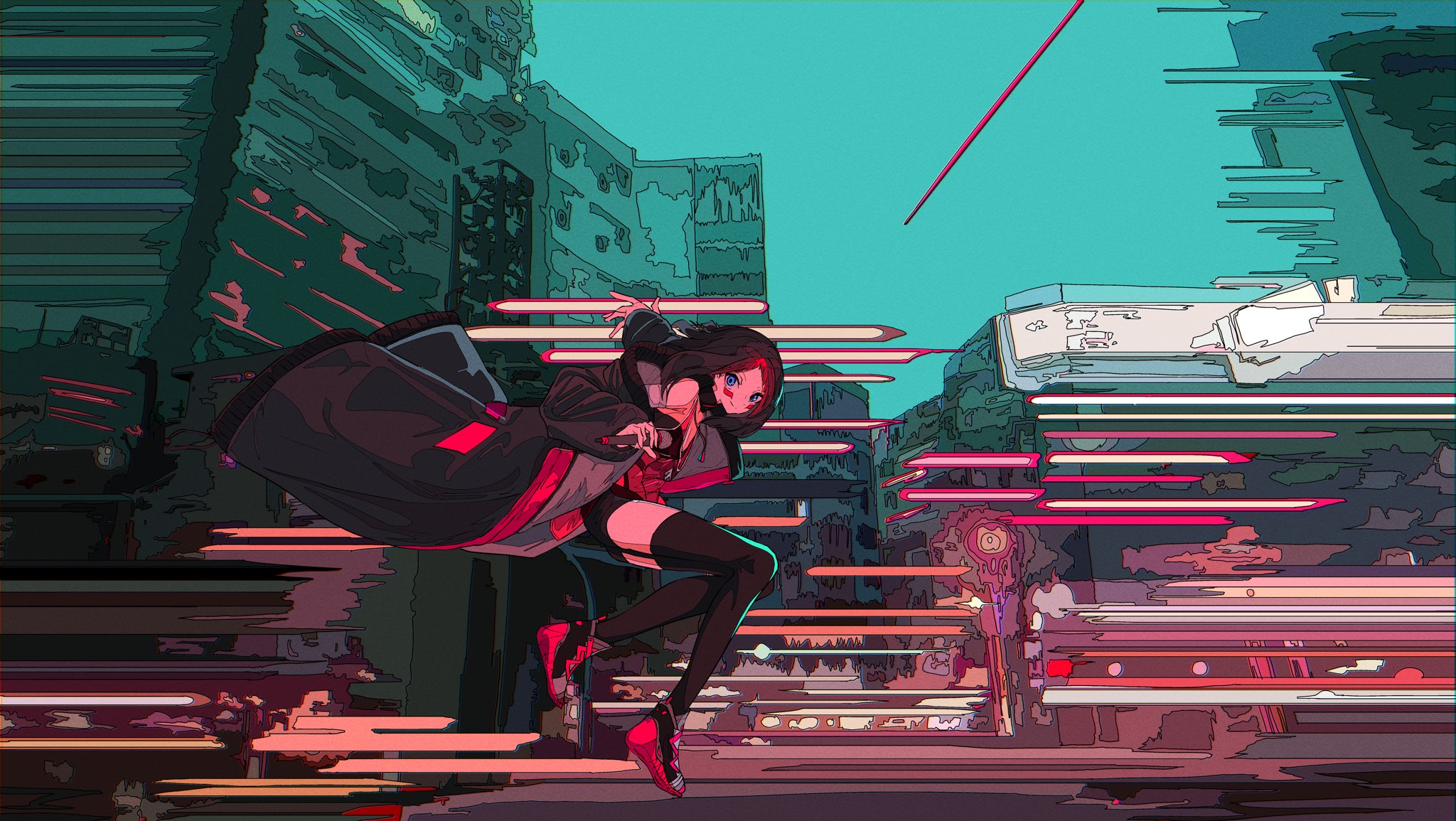 the image is a digital painting or illustration in a vibrant, stylized anime style. it depicts a female anime character, dressed in a dark jacket and thighhigh stockings, dynamically leaping through a futuristic cyberpunk city. the city is rendered with a distinct blend of sharp lines and soft, impressionistic brush strokes, creating a sense of motion and speed. the color palette is dominated by bold teal, pink, and magenta hues, emphasizing the character's energy and the dynamism of the scene. the overall mood is energetic and exciting. the character appears to be in the middle of an action sequence, possibly escaping or pursuing something.  the background features blurry lines suggesting motion or speed, enhancing the feeling of movement and urgency.