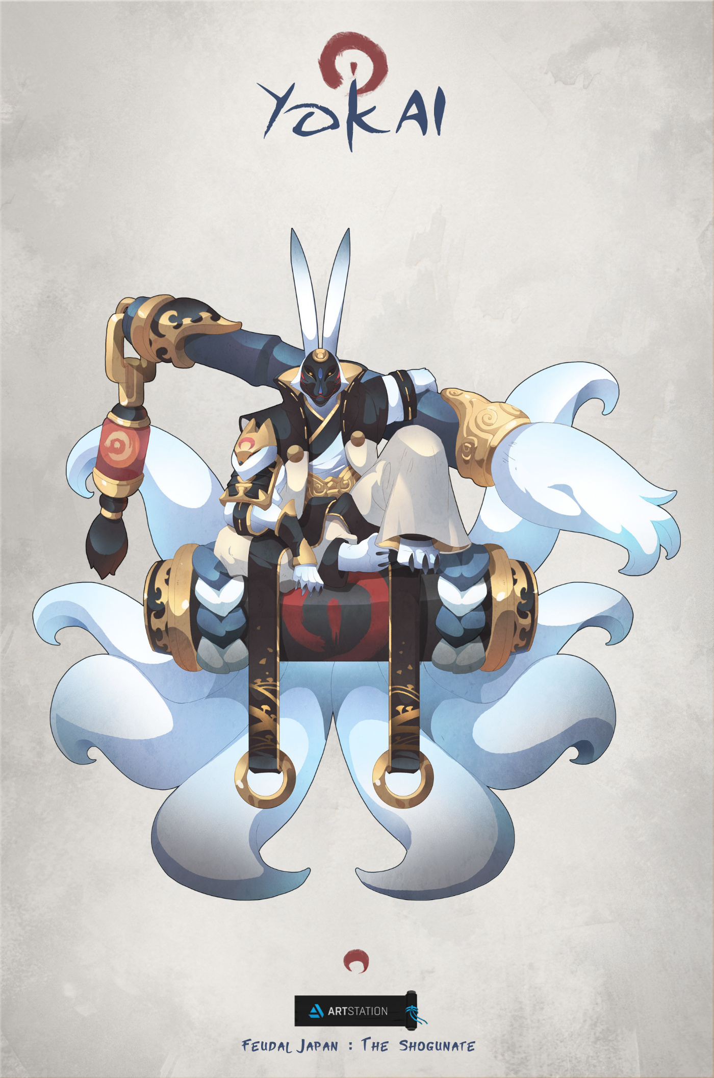 the image showcases a character concept for a yokai, specifically a rabbitlike entity, set against a muted, textured backdrop. the yokai, adorned in ornate black, white, and gold attire, takes center stage. it clutches a large calligraphy brush dripping with black ink, seated upon a swirling cloudlike form reminiscent of traditional japanese art. a smaller, foxlike companion, possibly a kitsune, perches beside it. the overall aesthetic blends mythical elements with a feudal japanese influence, hinting at a narrative rooted in folklore and the supernatural.