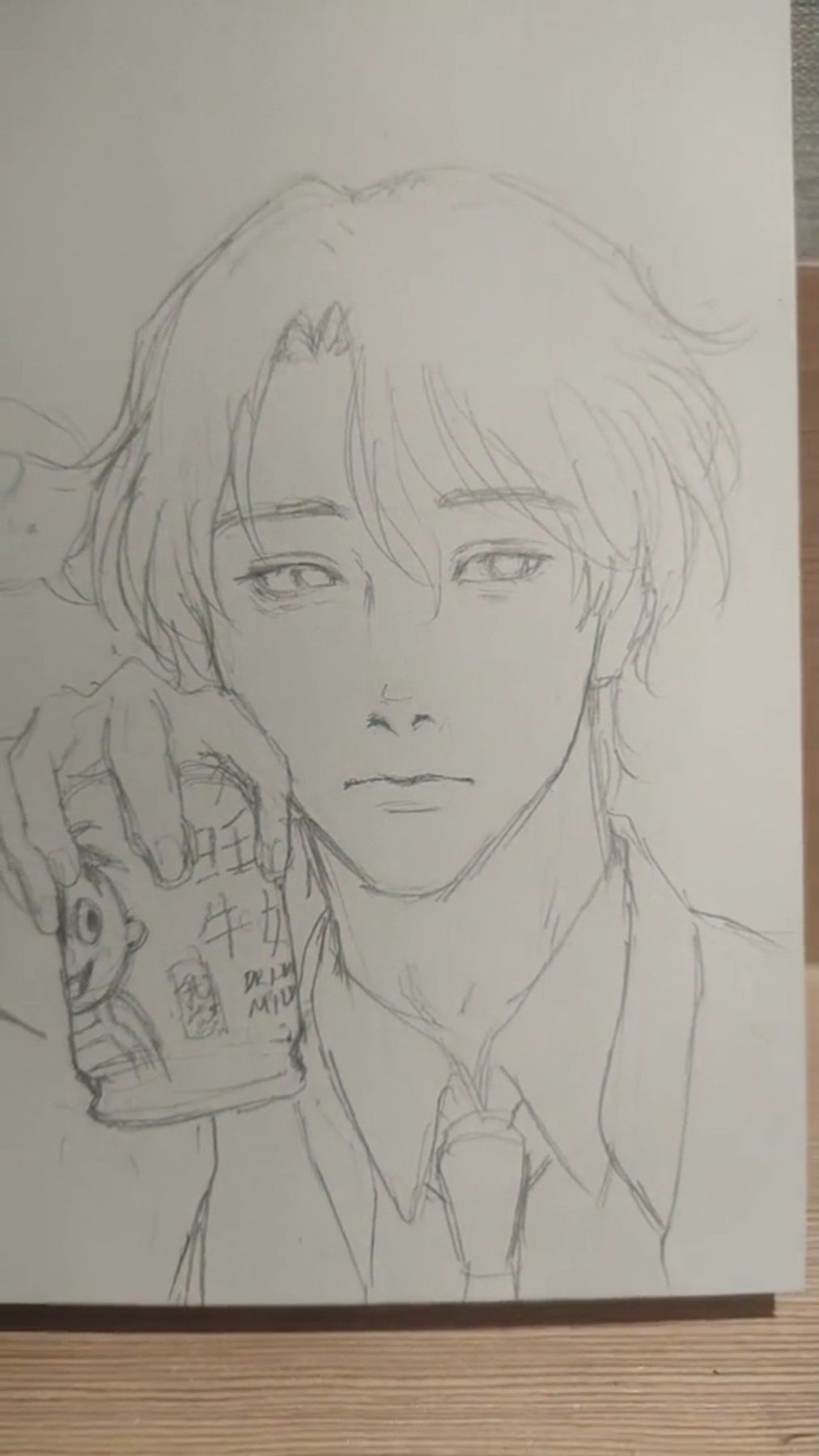a black and white pencil sketch of a young man holding a beverage can. he has medium length hair and is wearing a collared shirt and tie.  the drawing style is reminiscent of anime and manga.