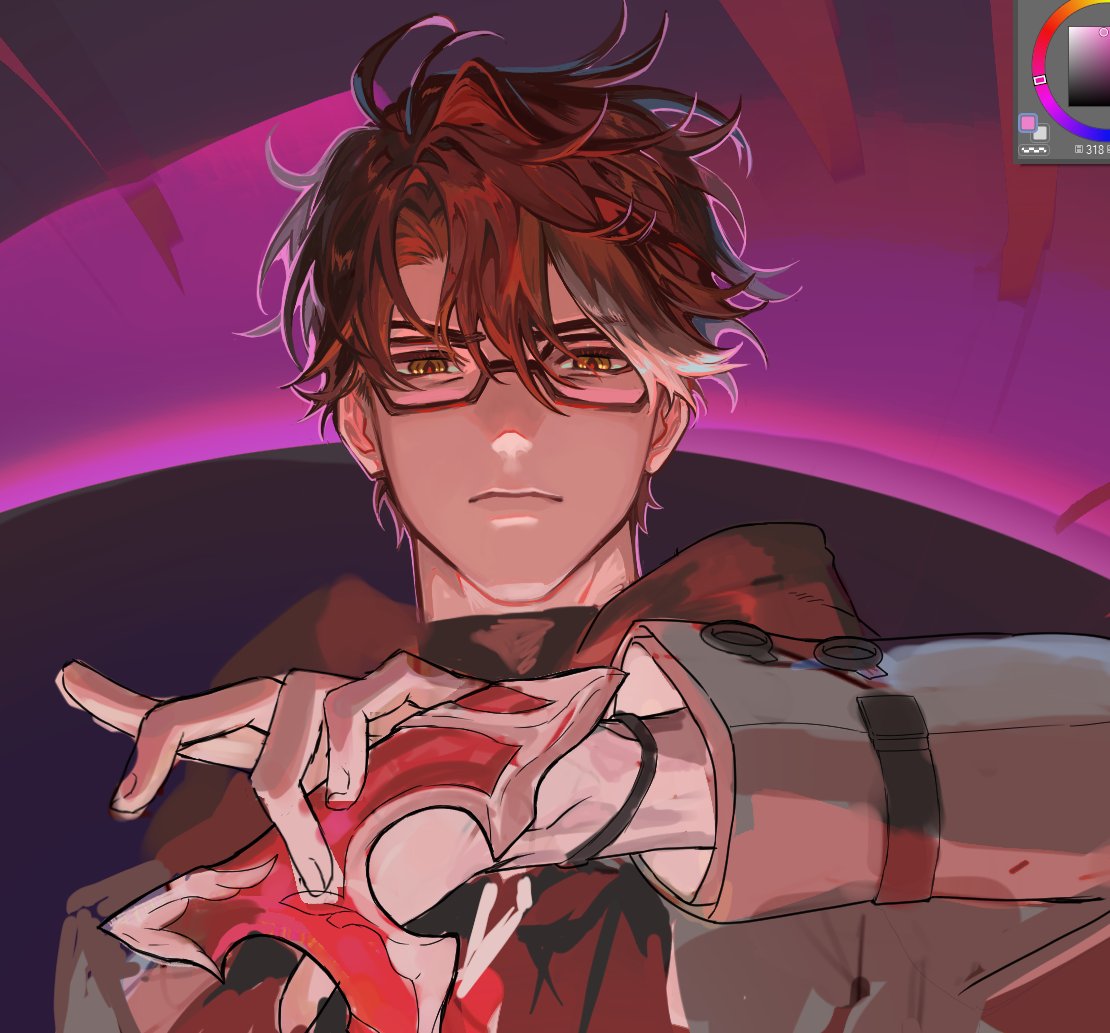 a male anime character with red eyes and white hair wearing glasses is shown with a red mask in his hands. his facial expression is serious. he is wearing a red shirt and a black collar. he is holding a mask in his hand,  with a serious expression.  the background is a deep purple with a purple ring of light.