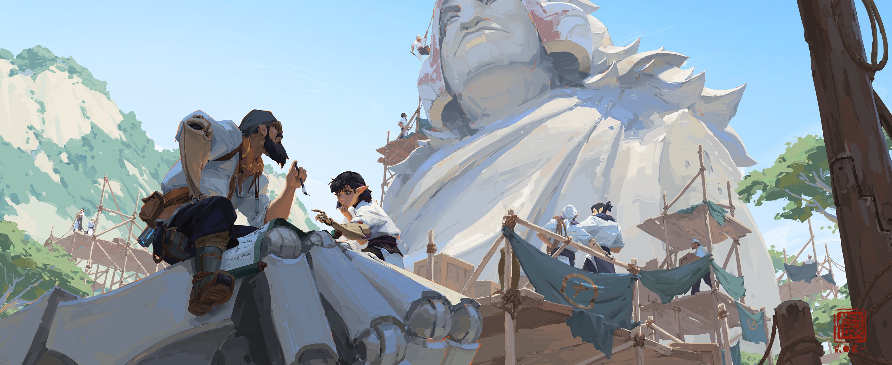 the image is a vibrant digital painting depicting the construction of an enormous statue resembling a deity or mythical being.  the statue is lightcolored stone or similar material, and appears to be unfinished.  workers on scaffolding are visible, meticulously adding detail to the immense structure. in the foreground, a bearded, possibly human character dressed in earthy tones, examines what appears to be a blueprint with a small elflike character.  they seem to be overseeing the construction, possibly making adjustments or adding detail to the plans. the setting is a lush mountainous region under a bright sun, which casts shadows highlighting the texture and scale of the enormous statue and the intricate details of the construction site.  the overall feel is one of epic scale and fantastical elements, suggesting a scene from a fantasy story or video game.