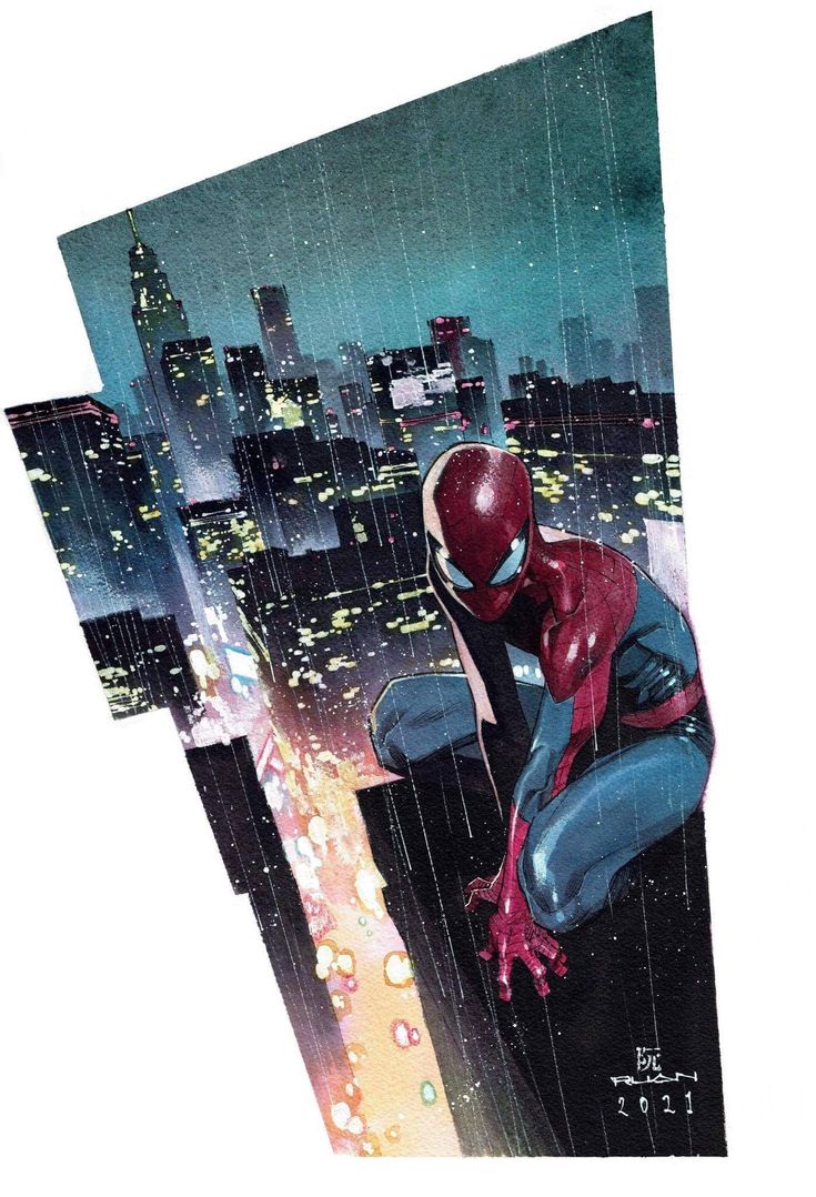 an illustration of spiderman in a dynamic pose, looking over the cityscape of new york city. he is crouched on top of a building, with rain falling around him. the city is lit up at night, with lights reflecting on the wet buildings. the illustration has a comic book style, with bold lines and bright colors. the artist's signature can be seen in the lower right corner.