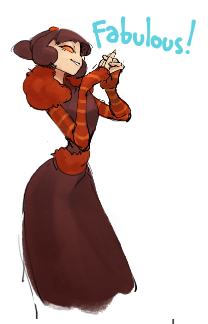 this illustration shows a cartoon woman with long, dark hair wearing a striped, orange and brown dress.  she has an orange fluffy collar and is smiling with her hands near her chest.  the word "fabulous" is written in blue cursive letters above her.  the cartoon art style is simple but well drawn.