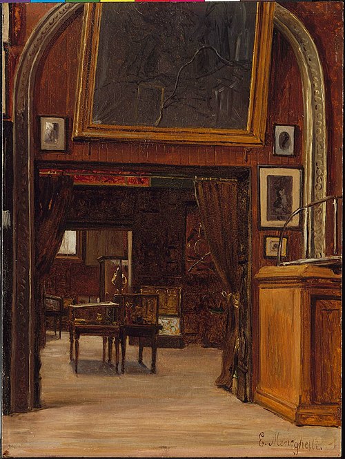 the image is a painting of an ornate room interior viewed through an arched doorway. the room is furnished with tables, chairs, and what appear to be display cabinets filled with artifacts, suggesting a museum or gallery setting. heavy curtains frame the doorway, adding to the sense of depth and richness. the walls are a dark reddishbrown, and several framed pictures adorn them. above the doorway, a large framed painting hangs, its surface appearing dark and cracked. the lighting is subdued, creating a somber and antique atmosphere. to the right of the doorway is a wooden cabinet. the style of the painting is classical and detailed, capturing the textures and details of the room's furnishings.