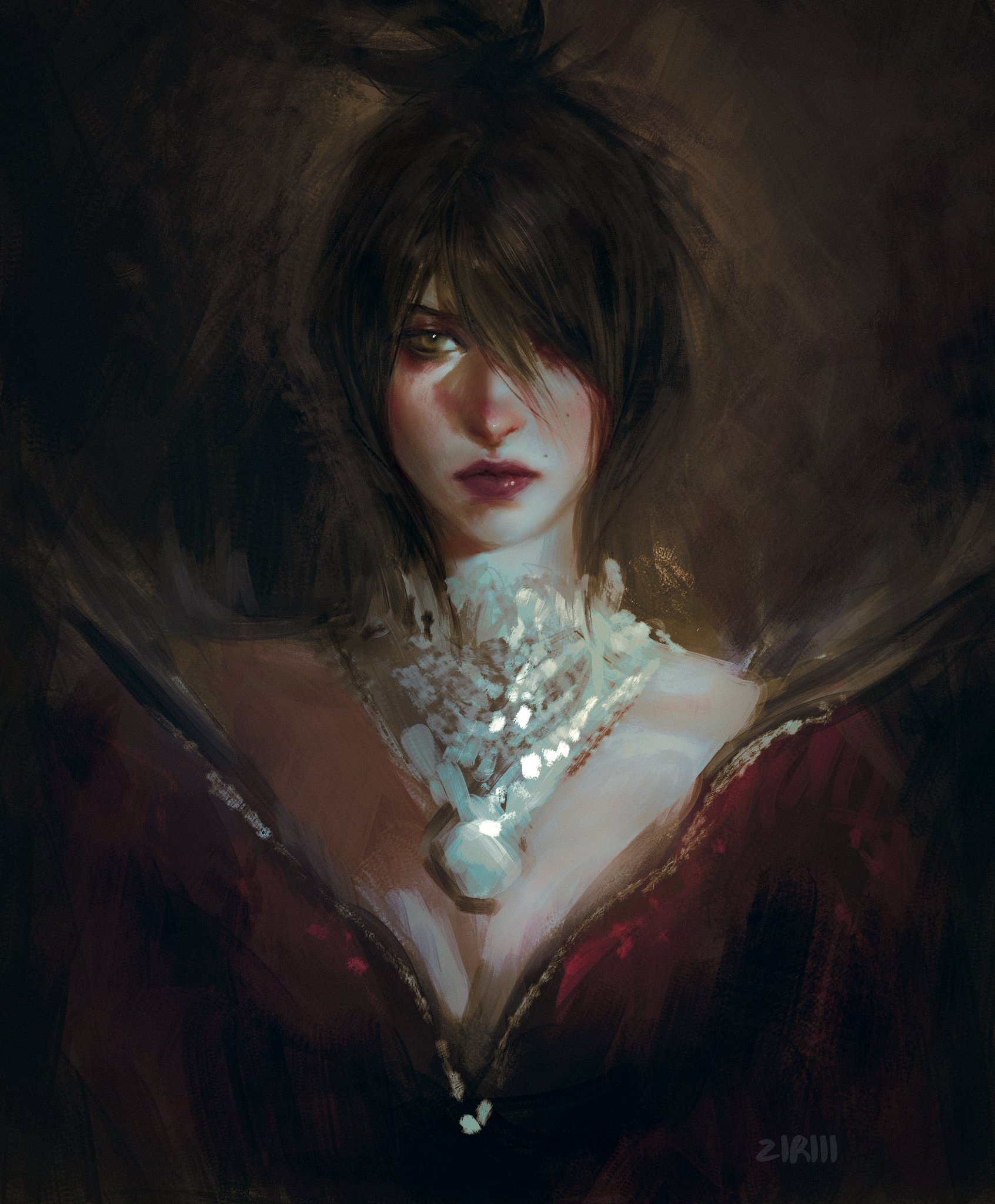 the image is a digital painting of a woman. she has dark brown hair that partially obscures her eyes, giving her a mysterious look. she's wearing a lowcut, dark red dress and an ornate, pearllike necklace. the painting style is painterly and dramatic, utilizing strong contrasts of light and shadow (chiaroscuro) to create depth and mood. the overall atmosphere is dark, elegant, and somewhat melancholic.  the artist's signature, "ziriiii," is subtly placed in the bottom right corner. the style suggests a fantasy or character portrait, possibly for a book or game.