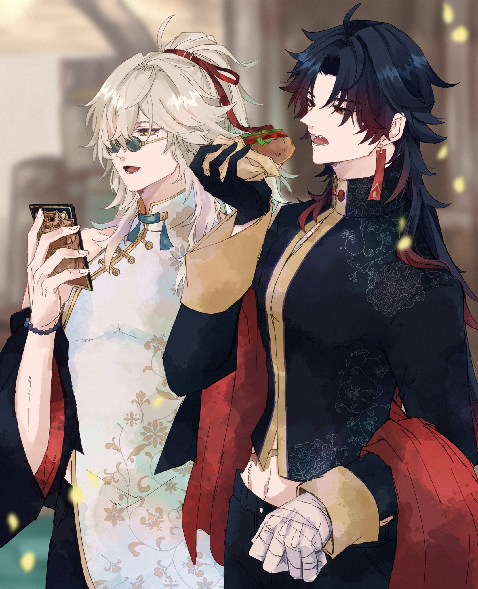 the illustration is of two anime boys.  they are both dressed in traditional asian attire and are standing side by side.  the boy on the left is holding a phone and has long white hair. he is wearing a white shirt and black pants. the boy on the right is holding food and has long dark hair.  he is wearing a black and red shirt and black pants.  they both have a slight smile on their faces.