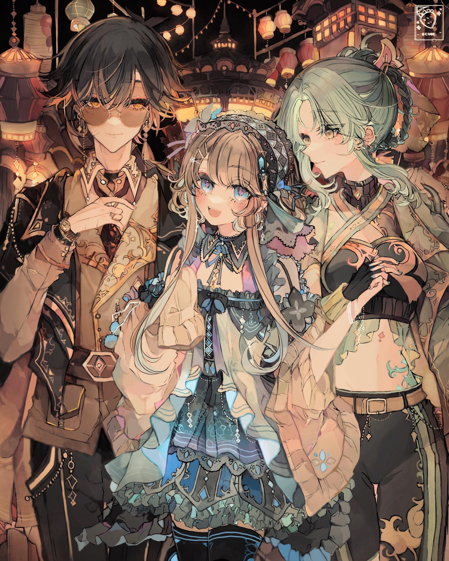 he image is a digital painting or illustration depicting three animestyle girls in elaborate, fantasyinspired clothing. they stand against a backdrop of a nighttime festival or market scene, complete with lanterns and traditional asianstyle architecture. the girls have distinct styles and hair colors, and their clothing is richly detailed with intricate designs and accessories. the overall aesthetic is vibrant, elegant, and slightly whimsical, with a blend of traditional and fantastical elements. the girls appear friendly and possibly represent a group of friends or acquaintances enjoying the festivities.