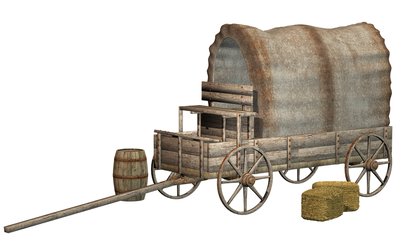 a 3d render of an old covered wagon with a barrel attached to the front and hay bales near the rear wheels, set against a black background. the wagon is made of aged wood and features a canvas cover, suggesting a western or vintage theme.