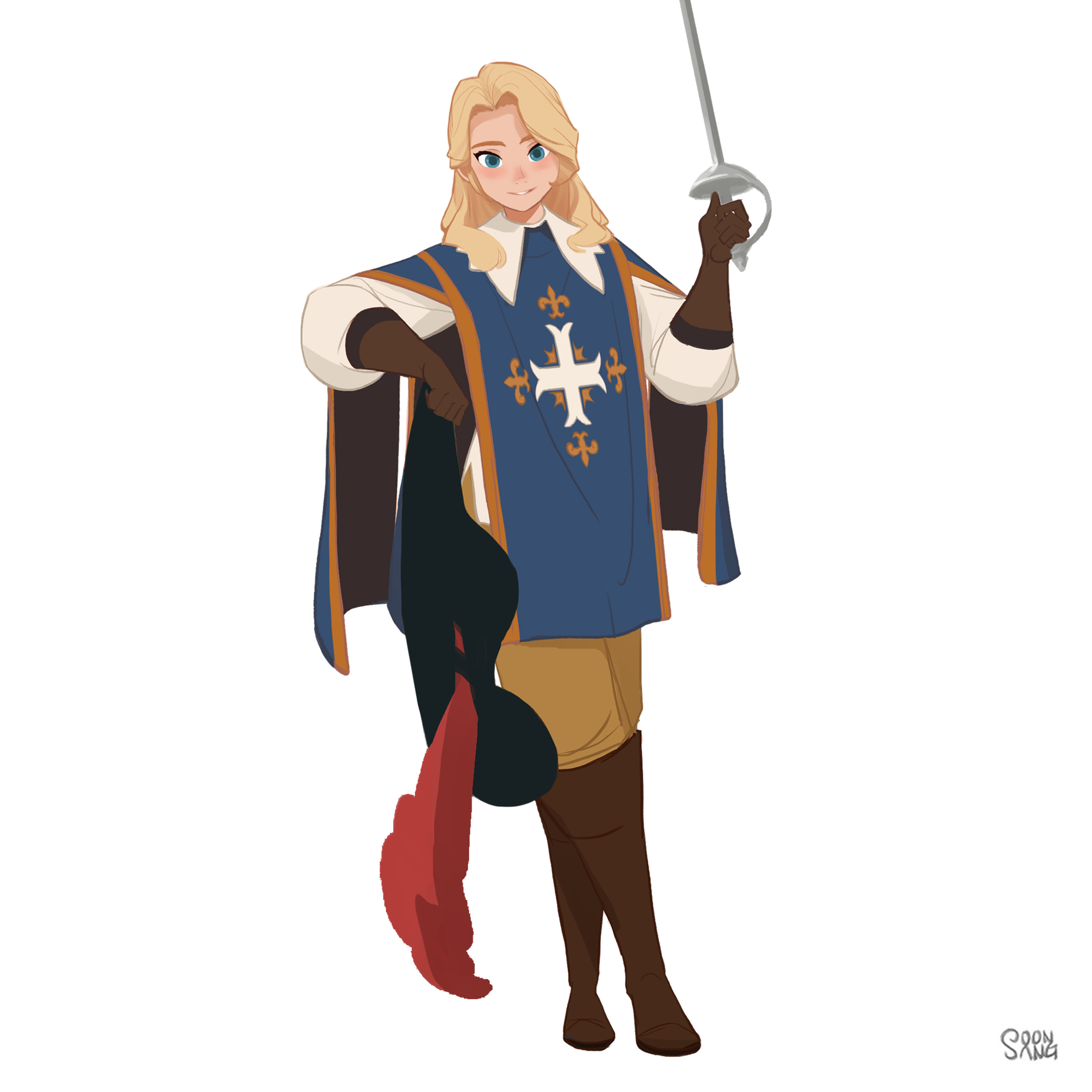 this illustration features a blonde woman standing in the center, holding a sword in her right hand and a red fabric in her left hand. she is wearing a musketeer costume, a blue tunic with a white cross, and a red cape with brown pants and boots.  she has a confident and friendly expression on her face.