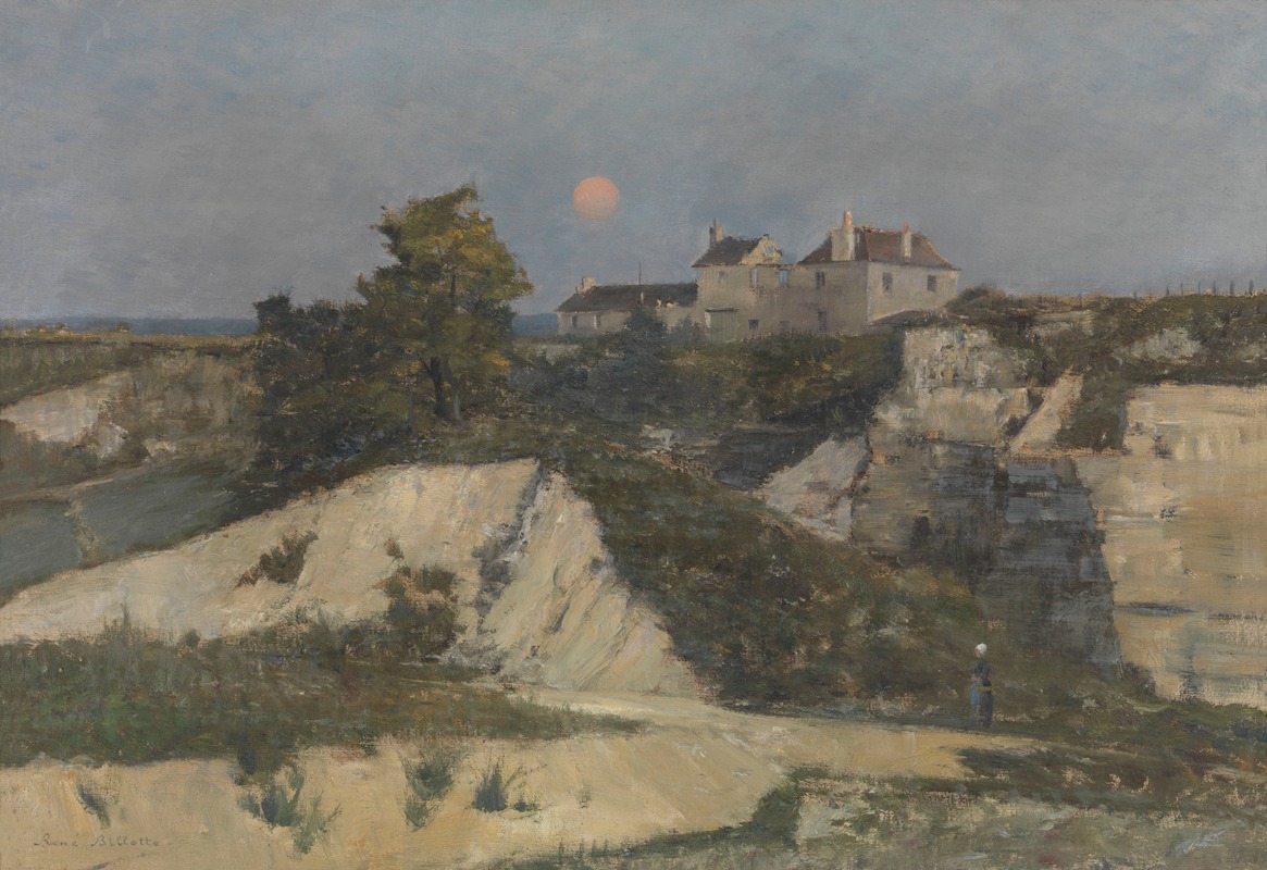 a landscape painting depicts a rural scene with a few houses situated atop a hill or cliff. the sky is overcast, and a large orange moon or sun is visible. below the houses, there are rugged cliffs and grassy hills. a lone figure, possibly a woman, stands on a path near the base of the cliffs. trees are scattered throughout the landscape, adding to the naturalistic setting. the overall mood is serene and atmospheric.