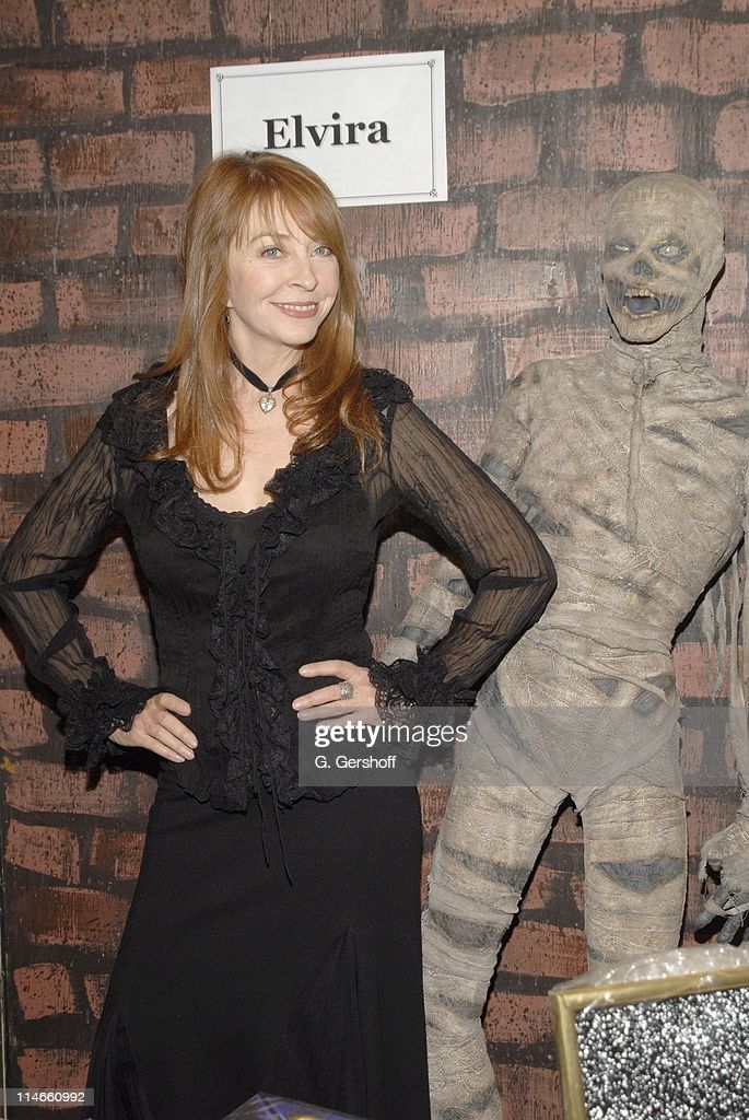 a portrait of the iconic horror hostess elvira, mistress of the dark, in a black lace dress and a spooky gothic makeup, posing with a mummy.  elvira has a mischievous grin on her face, and the mummy is standing behind her with a creepy, wideeyed stare. the photo was taken at a halloweenthemed event.