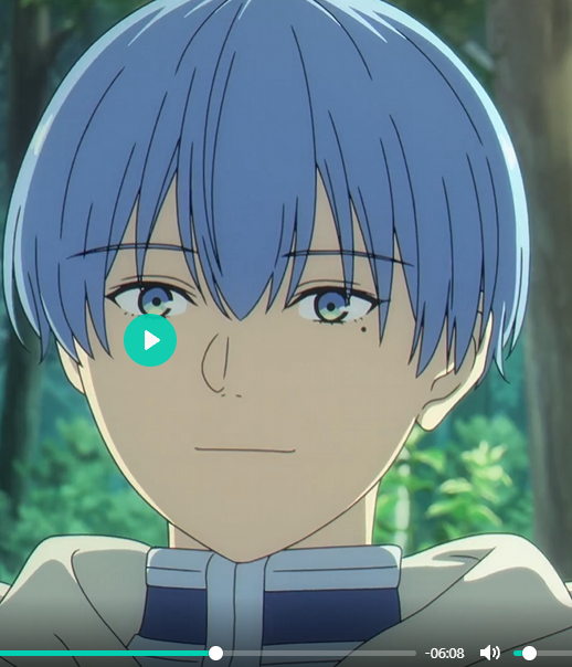 the image is a closeup portrait of an anime boy with short, blue hair. he has a serious expression on his face and is wearing a white garment with blue trim. he is standing in a forest, and the background is a blur of green trees. the lighting is natural, and the perspective is a closeup, emphasizing the boy's face.