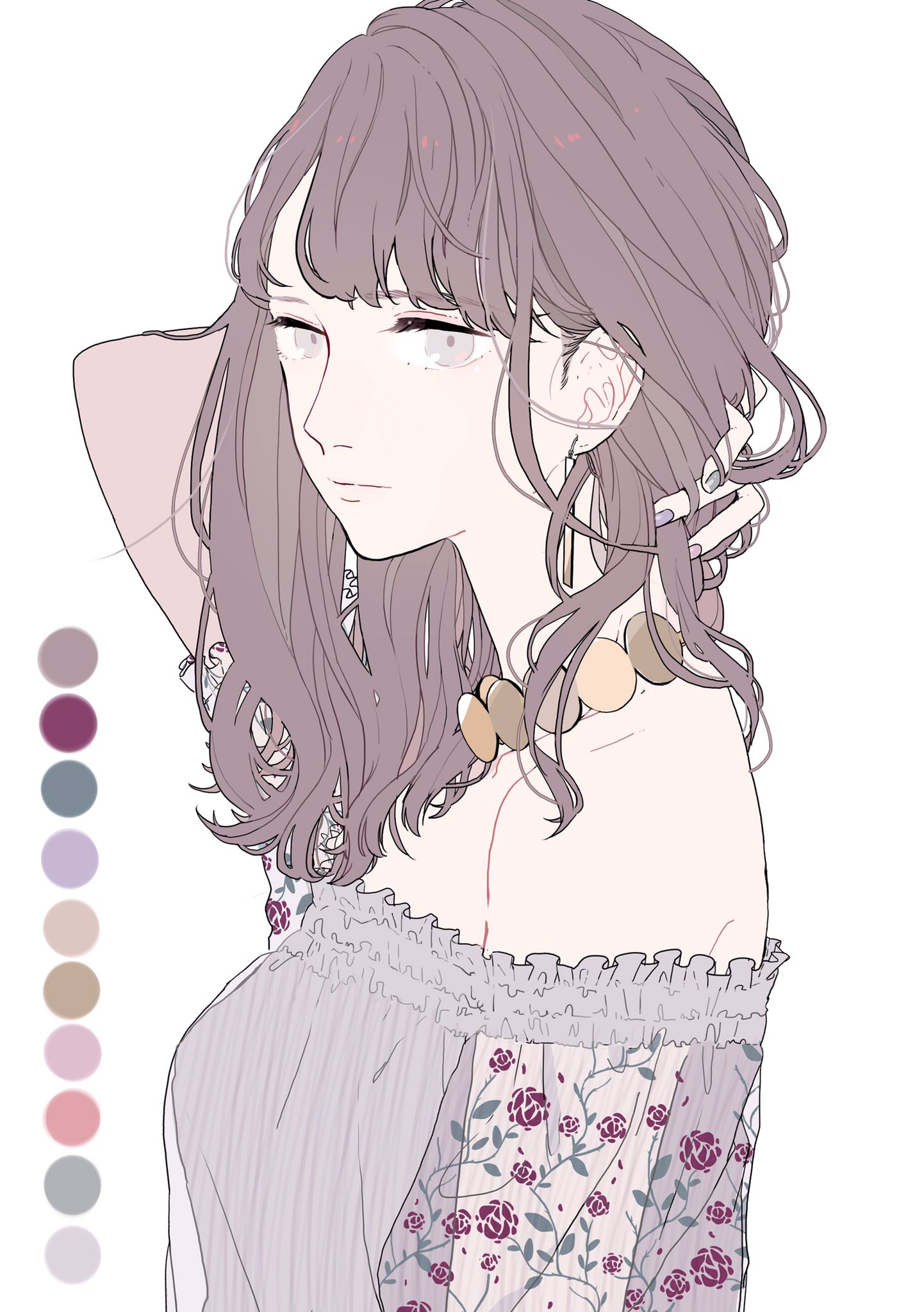 the image depicts an animestyle girl with long, wavy purple hair. she is shown in a side view, wearing a floral offshoulder dress and a necklace. the color palette is soft and melancholic, and the overall style of the image is illustrative.