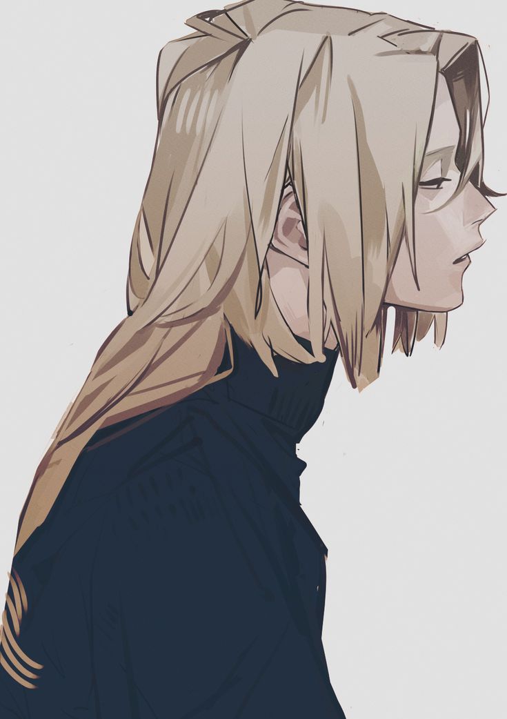 the image is a digital drawing of an animestyle boy with long, blonde hair. he is shown in profile view, looking away from the viewer. his expression is serious and thoughtful. he is wearing a dark turtleneck and jacket. the art style is quite stylish, with soft shading and a muted color palette. the overall mood is melancholic and somewhat mysterious.