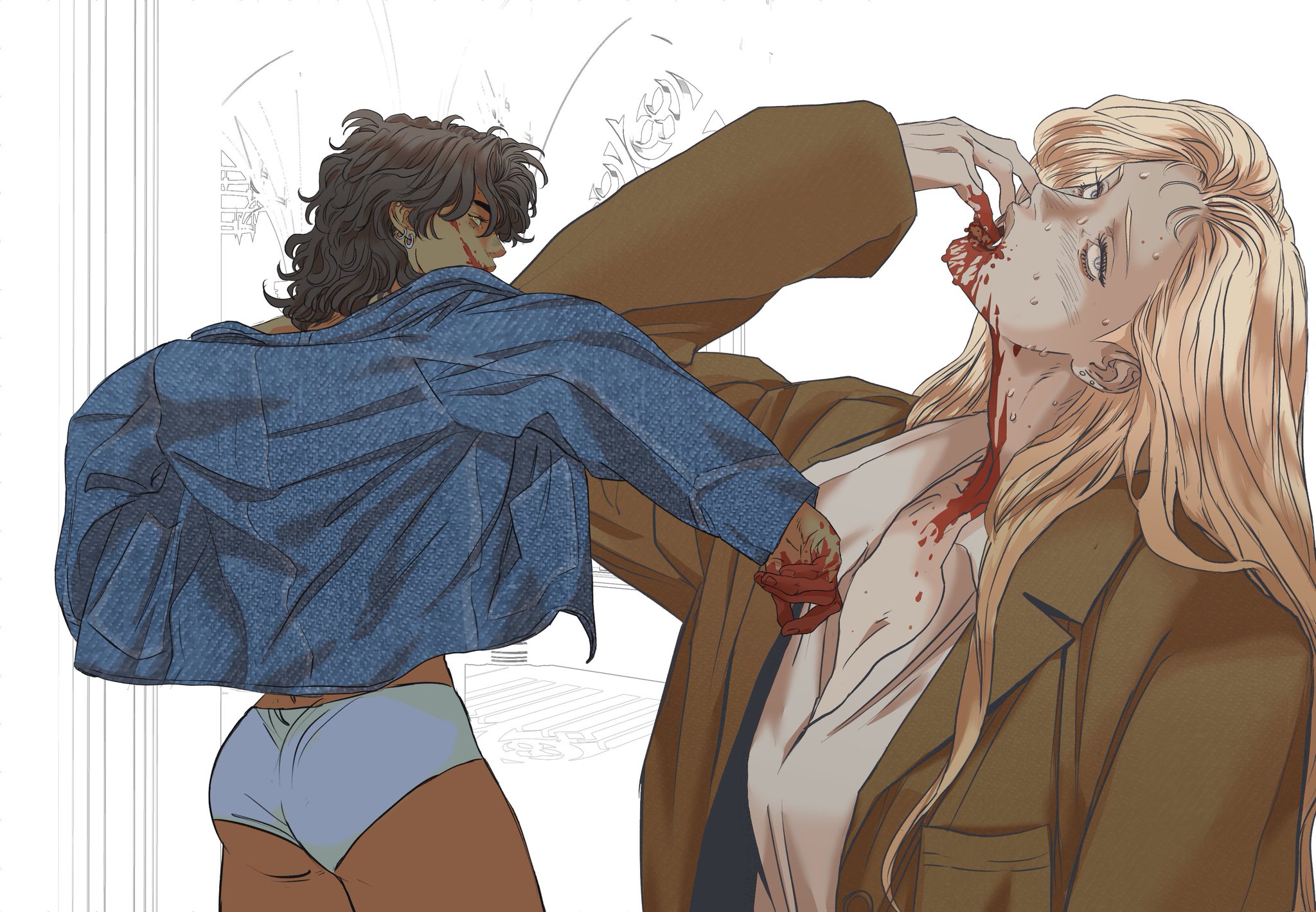 an animestyle drawing depicts a vampire scene. a figure with brown hair, wearing a denim jacket and light blue shorts, is positioned to the left, facing the other figure. the figure on the right has blond hair and is wearing an open brown jacket. there is blood on the face and neck of the blondhaired figure, who is holding a piece of flesh to their mouth, suggesting they are being attacked.