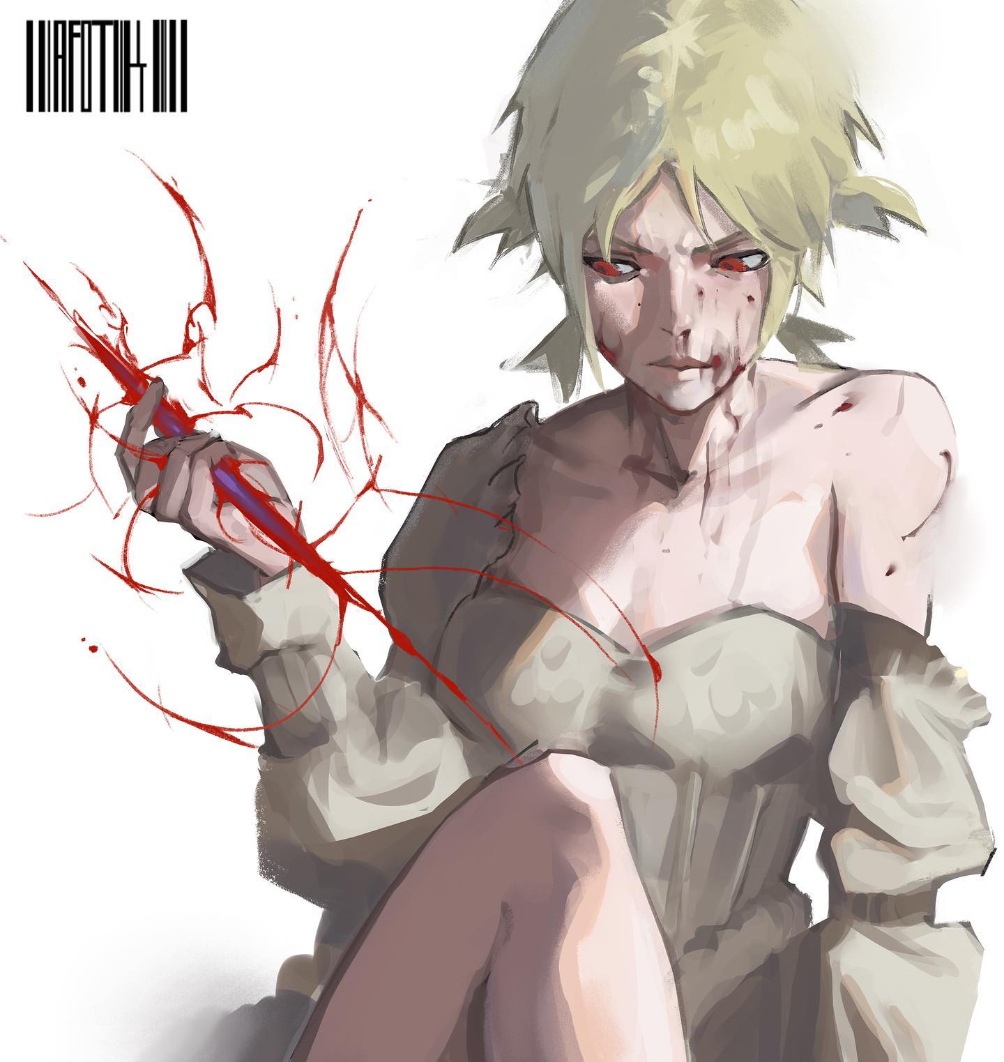 a digital illustration of a woman with blonde hair. she is sitting down with a bloody knife in her hand, and she appears to be scared and in pain. she is wearing a white dress and has red blood splattered across her clothes. the background is white. the image is stylized to look like a painting.