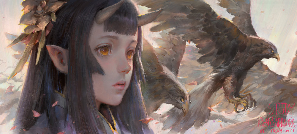 he image is a digital painting of a fantasy animestyle girl with elflike ears and small demon horns on her head. she has long brown hair adorned with a flower crown and is wearing what appears to be a traditional japaneseinspired garment.  two large eagles are in flight behind her, their wings partially obscuring the background. the overall style is soft and dreamy with pastel colors and a focus on light and shadow. the artwork appears to be a study piece, as indicated by the signature "study krenz artwork by krenz 2019"  in the lower right corner. the scene is peaceful and evokes a sense of magic and wonder.