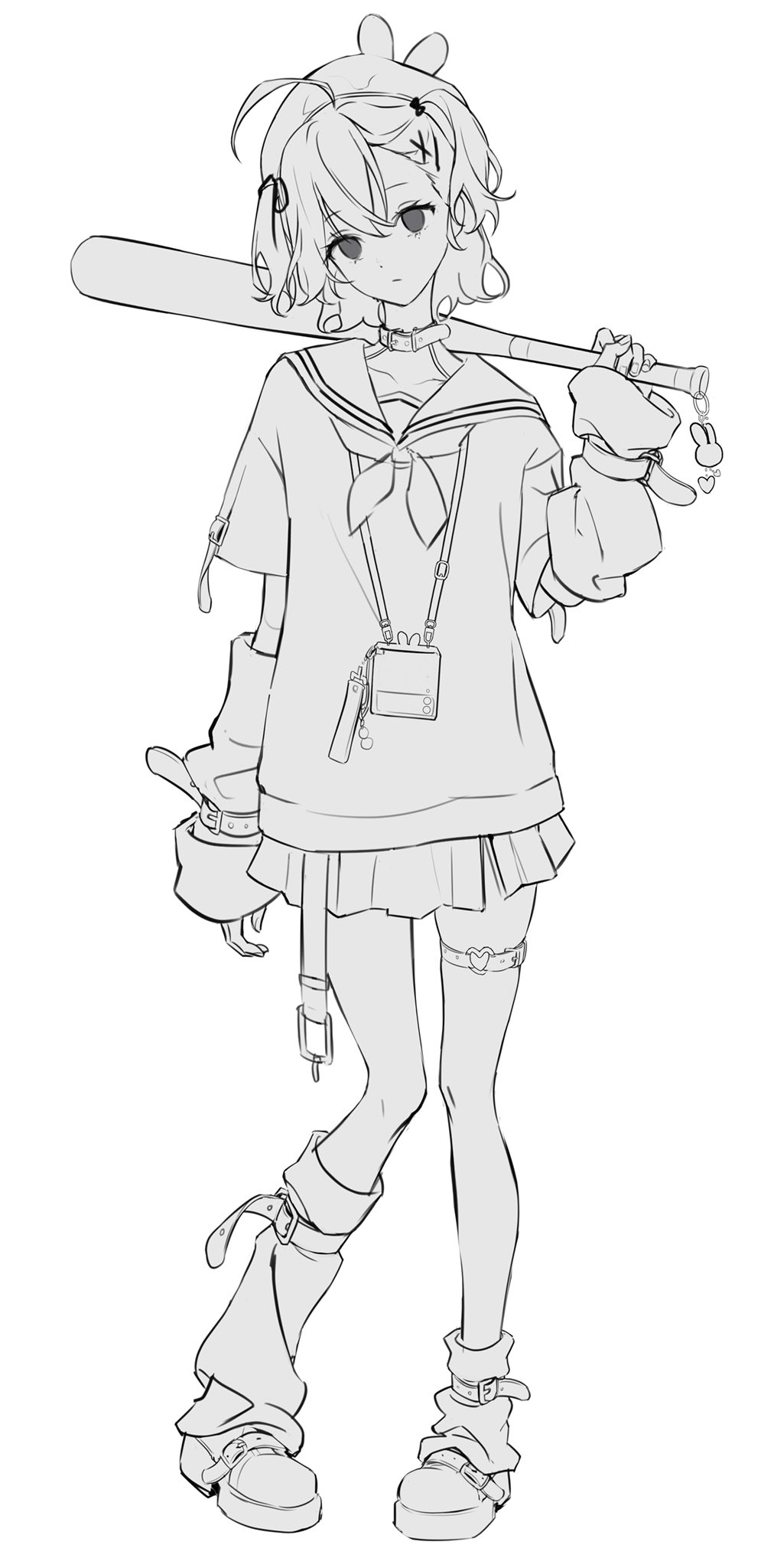 he image is a line drawing of an animestyle girl. she has short bobbed hair with side bangs and is wearing a sailorcollar sweater, pleated skirt, and high boots. she is holding a baseball bat and has several accessories, including earrings, a necklace, and leg warmers. the style is casual and fashionable. the drawing is in black and white, with clean lines and shading to create depth and volume. the background is plain white.