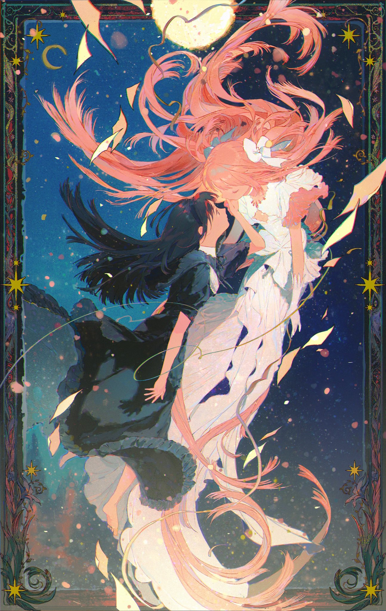 the image is a digital illustration of two anime girls, one with long pink hair and the other with long black hair. they are both dressed in flowing garments and seem to be in a dreamlike state, surrounded by stars and a crescent moon. the pinkhaired girl is embracing the blackhaired girl, and their hair is flowing around them like a whirlwind. the image is full of vibrant colors and abstract details, creating a sense of fantasy and magic. the frame around the image adds to the sense of otherworldly beauty.