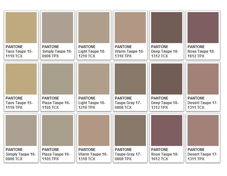 the image shows a collection of pantone color swatches in various shades of taupe. the swatches are arranged in a grid, each labeled with a pantone name and number. the colors range from light to dark, with variations in tone including beige, brown, gray, and rose.