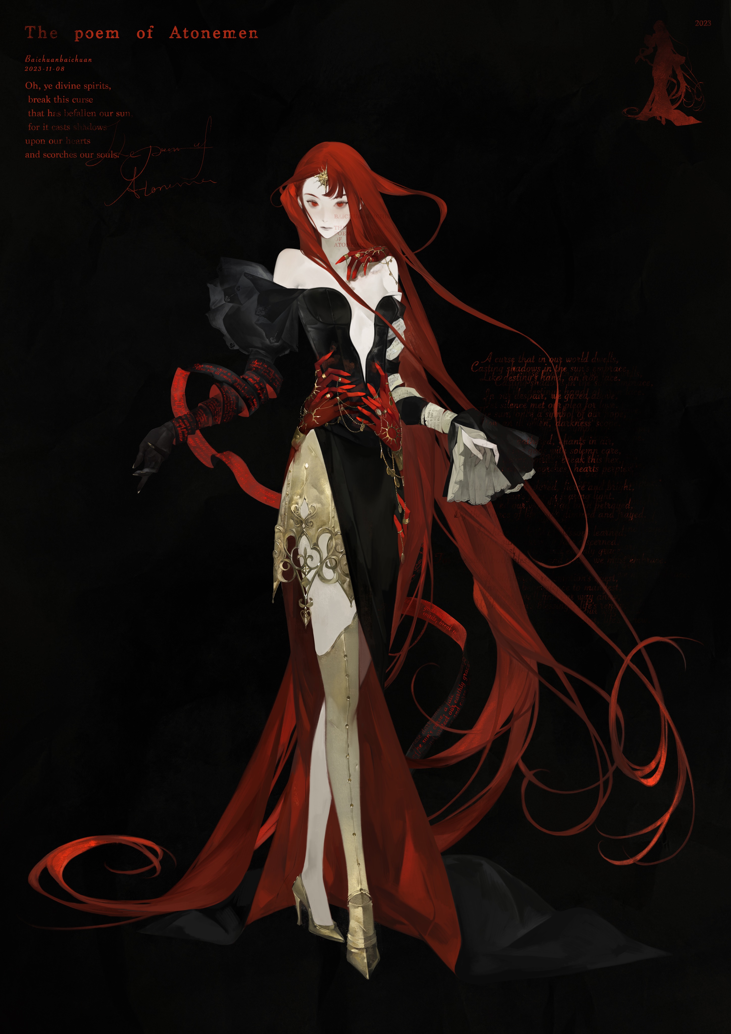 the image is a digital illustration of a woman with long, flowing red hair. she is wearing a long, elegant black dress adorned with red ribbons and gold embellishments.  the woman stands against a dark background, with her flowing hair obscuring parts of her body. the image has a sense of fantasy and mystery.
