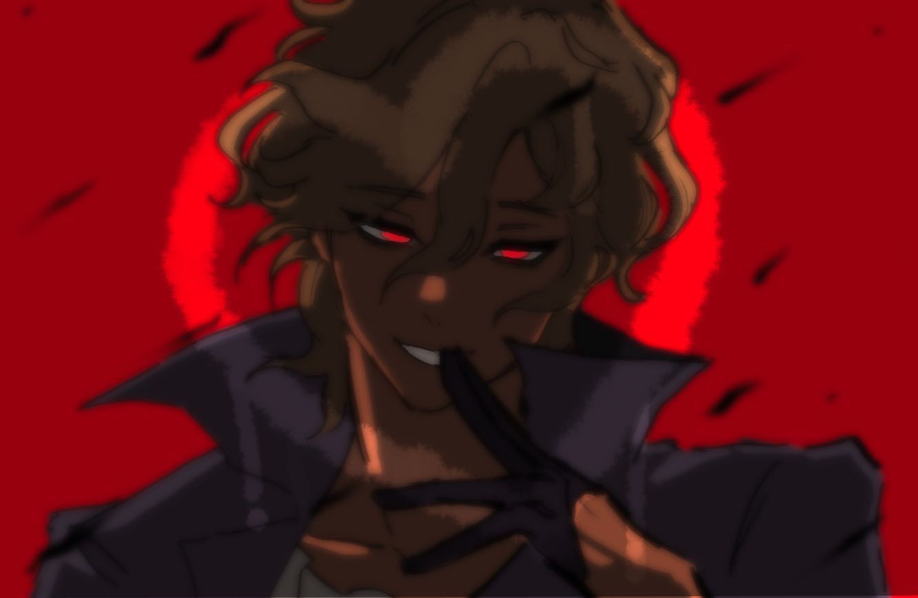 a closeup portrait of a young man from an anime or manga. he is wearing a dark coat and has blonde hair. his eyes are glowing red and he is smirking. the background is red and there are black shadows in the image. he looks evil and menacing.