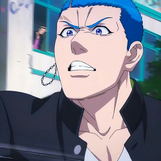 the image is a closeup illustration of a young man with vibrant blue hair and a fierce expression. he wears a partially unbuttoned black jacket that resembles a school uniform. his intense gaze and slightly furrowed brows convey anger or determination. the background suggests an urban environment, possibly near a school, with a glimpse of a building and a blurry figure in the distance. the lighting is bright and natural, highlighting the character's sharp features.