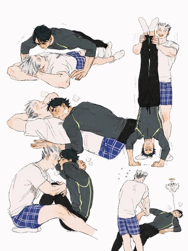 the image is a collection of playful and intimate illustrations featuring two animestyle characters, strongly reminiscent of oikawa tooru and bokuto koutaro from the popular anime haikyuu!!. the art style is soft and expressive.  the illustrations depict the characters in various poses, including stretches, playfully interacting, one lifting the other, and resting together.  there's an overall lighthearted and affectionate atmosphere.  the characters are wearing athletic clothing, such as shorts and tshirts, and their interactions suggest a close and romantic relationship.  the background is plain white, focusing attention on the characters and their interactions.