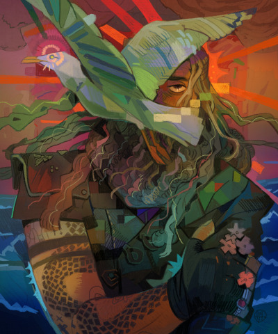 the image depicts a weathered sea captain with long, flowing hair and a large seabird perched on his shoulder. the captain is heavily tattooed with nautical motifs like serpents and floral patterns. he wears a dark, layered outfit adorned with buttons and buckles. the background evokes a dramatic sunset over a turbulent sea, rendered in a vibrant, almost cubist style. the overall palette is warm and rich, highlighting the ruggedness of the subject and the intensity of the setting sun.