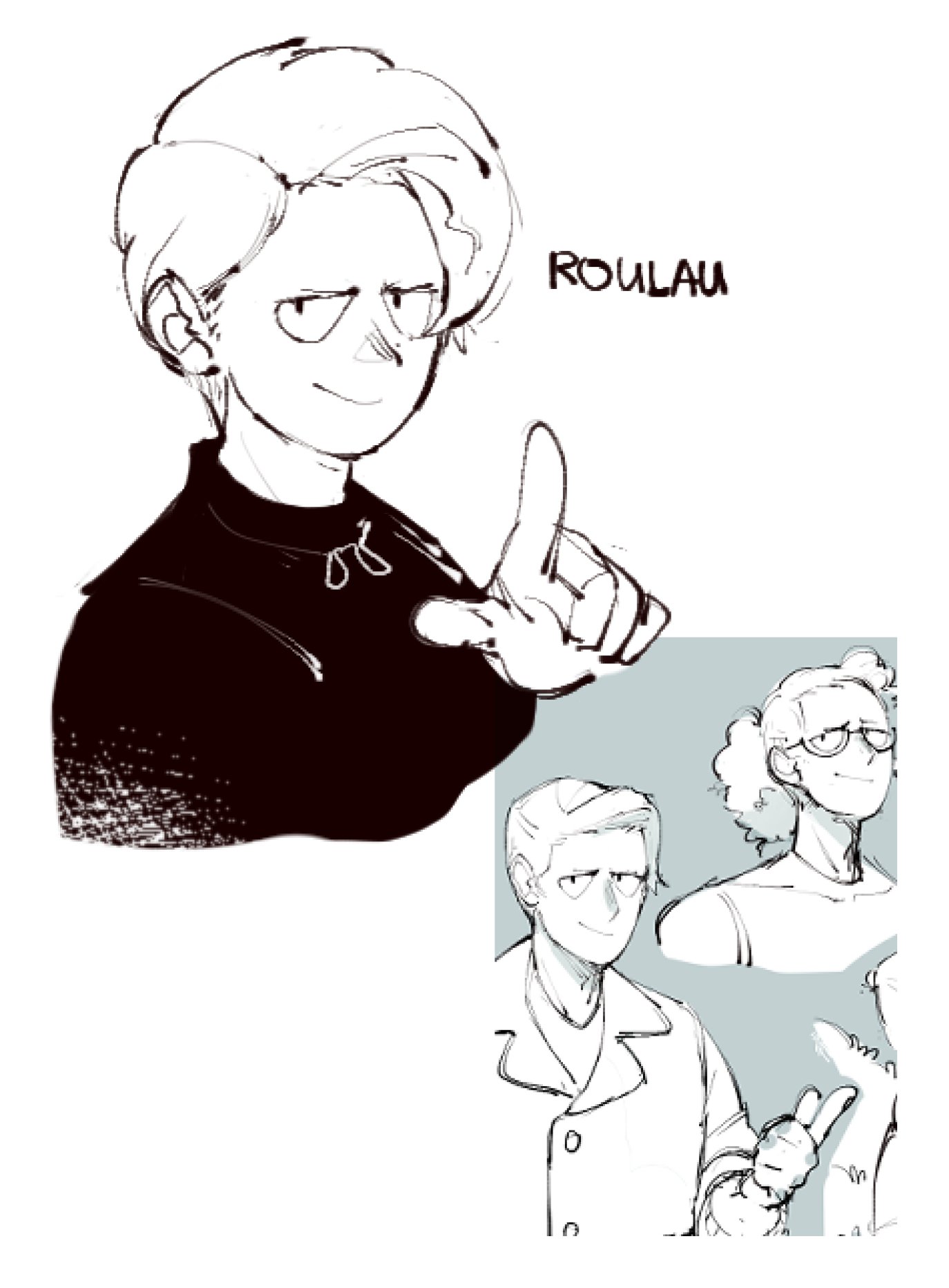 a black and white illustration of a cartoon character. they are pointing with one hand, and a slight smile on their face.  there are 2 other, smaller sketches of characters, in a less complete form, in the background.