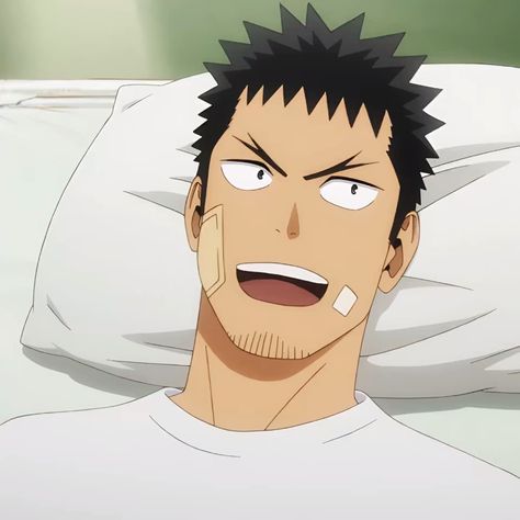 a digital illustration of an anime character with short black hair and bandages on his face. he's wearing a white tshirt and is lying down on a hospital bed with a white pillow. he's looking at the viewer with a wide smile on his face. the lighting is soft and the background is blurred out.