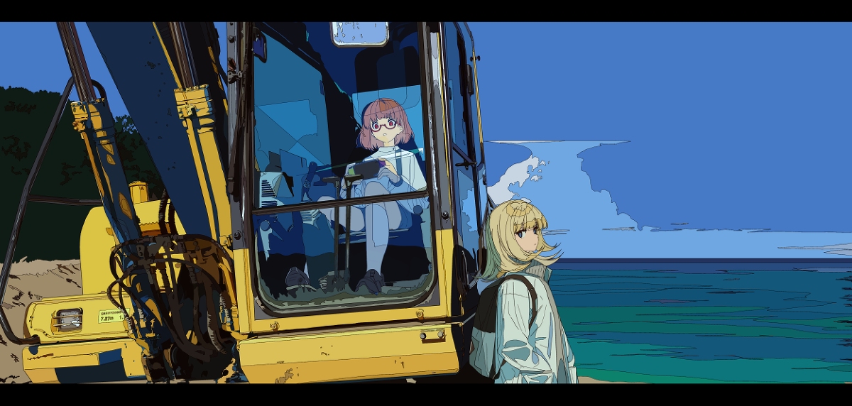 the image is a vibrant digital illustration featuring two animestyle girls near a yellow excavator by the ocean. one girl is sitting inside the excavator's cab, seemingly using a handheld device. she has short pink hair and glasses. the other girl is standing outside, gazing at the sea. she has long blond hair and is wearing a lightcolored jacket. the background depicts a calm blue ocean under a partly cloudy sky.  the style is a blend of cartoon and realism, with bold colors and clean lines. the overall mood is peaceful yet slightly melancholic.