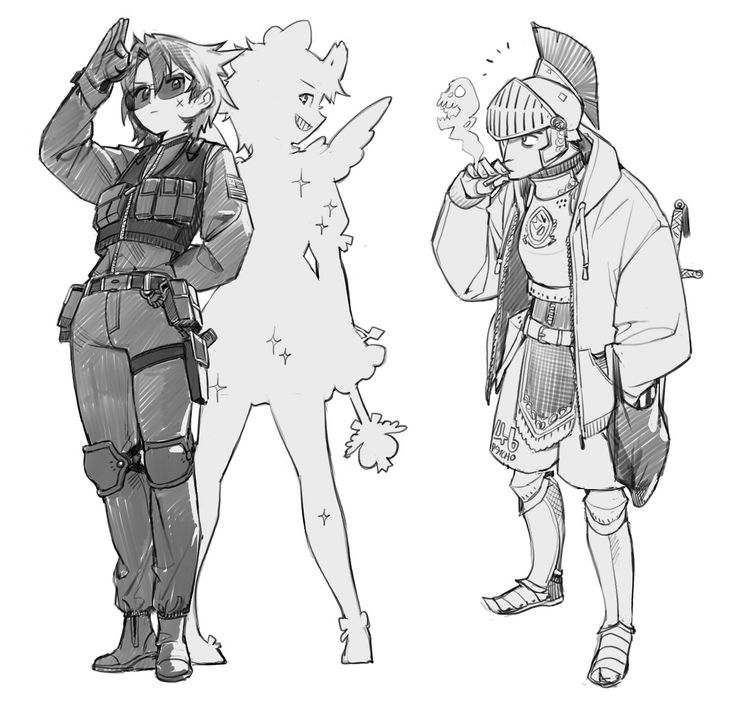 the image contains three sketchy figures.  on the left is a female character in tactical gear resembling a soldier or special forces operative; she's standing with a hand raised in a salute, and a shadowy, winged figure seems to be partially behind her.  in the centerright is a figure who appears to be a knight or soldier in medievalstyle armor, but wearing modern streetwear; they're casually smoking something.  the sketches are done in grayscale, with varying levels of detail indicating the workinprogress nature of the drawing. the style blends anime/manga influences with elements of more western comic book design.
