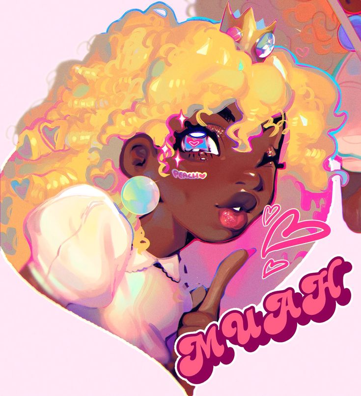 this digital illustration features a cartoonlike princess character with big eyes, blonde hair, and a crown. she has a pink, heartshaped blush, and her outfit is a pale pink dress. the backdrop is a pink and white heart shape with the word "muah" written in a pink, retro font. the overall tone of the artwork is playful and whimsical.