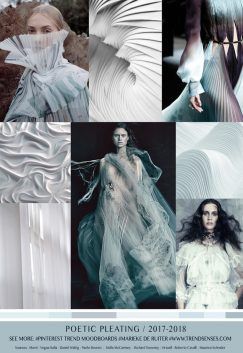 the image is a mood board featuring a variety of images that all relate to the theme of "poetic pleating". the mood board is divided into a grid of nine squares. in the top left square, a model is wearing a white pleated dress with a blue and white collar. in the top middle square, a closeup of a white pleated fabric. in the top right square, a model is wearing a white pleated dress with a long train. in the middle left square, a closeup of a white pleated fabric. in the middle middle square, a model is wearing a white pleated dress with a flowing train. in the middle right square, a closeup of a white pleated fabric. in the bottom left square, a closeup of a white pleated fabric. in the bottom middle square, a model is wearing a white pleated dress with a flowing train. in the bottom right square, a model is wearing a white pleated dress with a flowing train. the overall effect of the mood board is ethereal and feminine, with the focus on the soft and flowing nature of the pleating.  the text at the bottom reads "poetic pleating / 20172018" and provides a link to a website. the overall effect of the mood board is ethereal and feminine, with the focus on the soft and flowing nature of the pleating.
