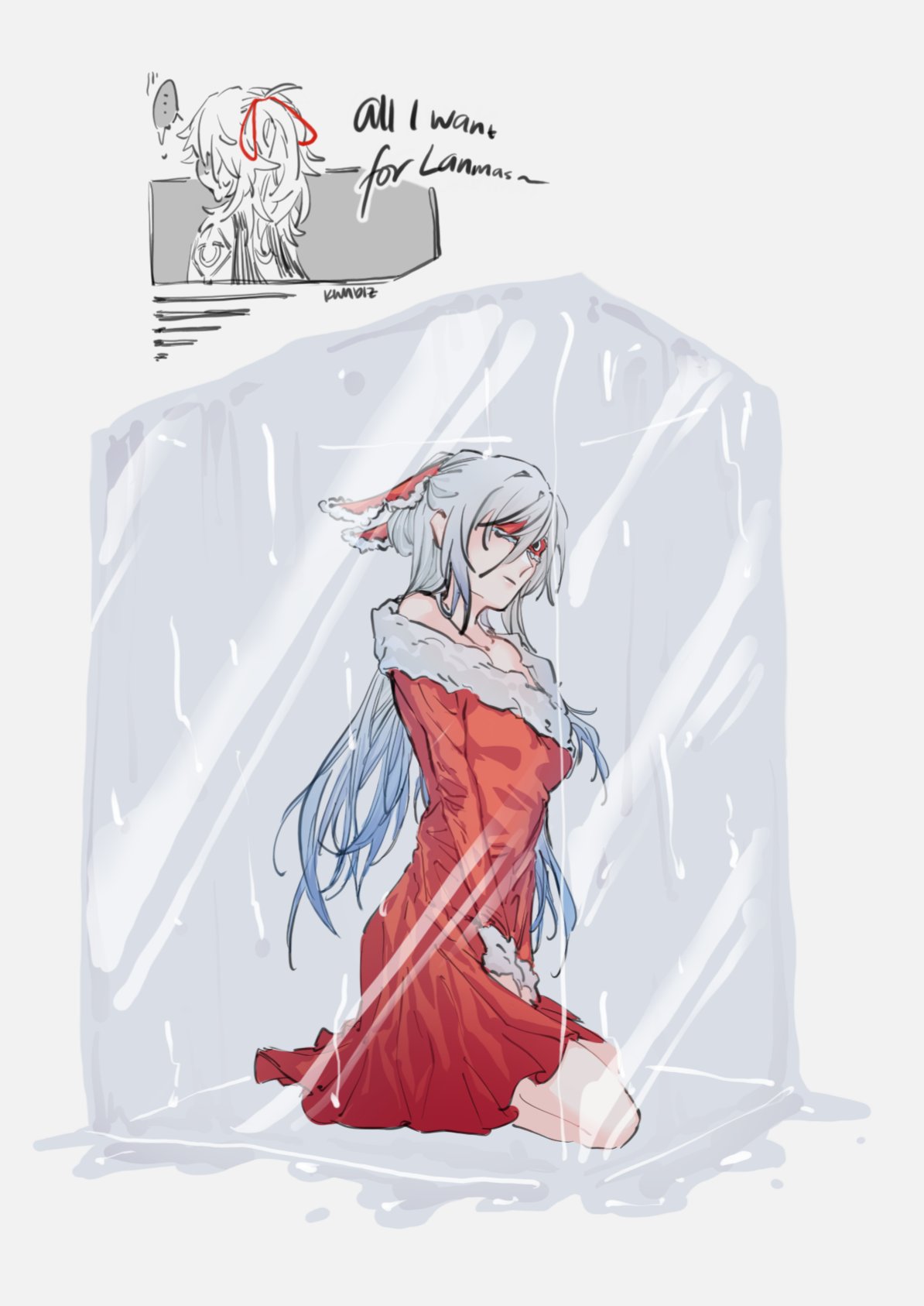 a digital illustration of a young woman with long white hair trapped in a block of ice. she is wearing a red christmas dress and has a sad expression on her face. the art is drawn in a cute and anime style. the background is white with a few details on the top of the image.