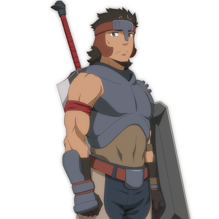 an anime character, a man warrior wearing armor and holding a sword and a shield. he's looking to the side, darkhaired with a serious expression.