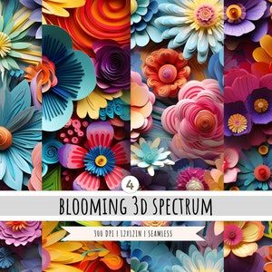 the image is a vibrant collage of 3d paper flower patterns in a spectrum of bright colors. the design is seamless and features intricately layered flower arrangements, creating a textured and festive decorative effect. the overall impression is cheerful and artistic.