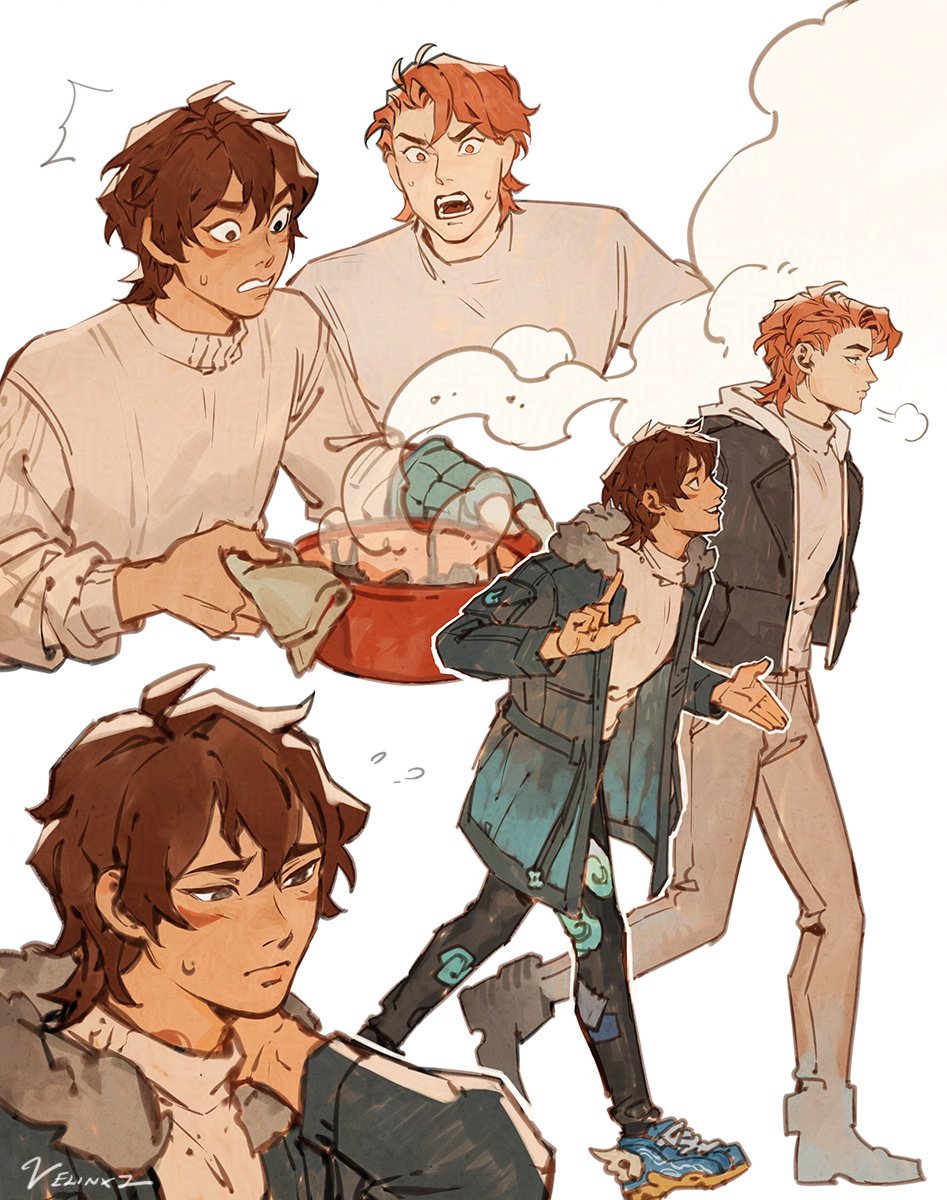 the image shows a cartoon illustration of multiple people in different scenes. one scene depicts a person with brown hair and another with red hair looking surprised while doing laundry. another scene shows two individuals walking, one with brown hair wearing a jacket and the other with red hair wearing a coat. the characters are dressed in modern clothing, including sweaters, tshirts, pants, and shoes. there is also a red tub and some steam present in the image.
