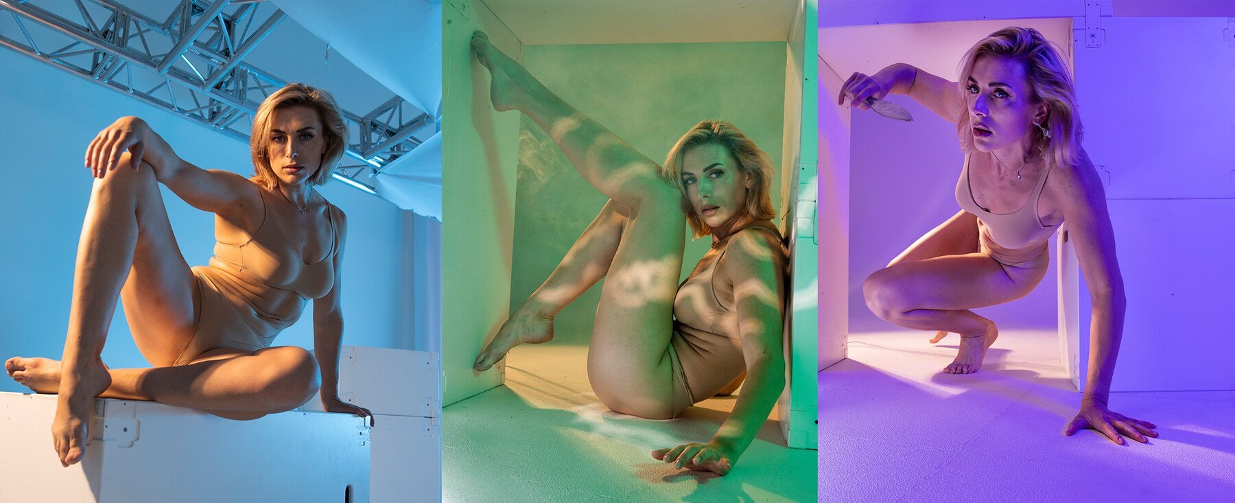 a triptych image showcasing a woman in three different poses within brightly lit cubelike structures.  the first panel shows her sitting casually on a box against a blue backdrop.  the second panel presents her in a contorted, athletic pose inside a greenlit cube, demonstrating flexibility.  the third panel portrays her crouched low to the ground, holding a knife, within a purple cube, exuding a sense of tension and mystery. the overall aesthetic is modern, artistic, and emphasizes the woman's strong and versatile presence.  the lighting and color schemes are dramatically different across the three panels, adding to the diverse moods and styles displayed.