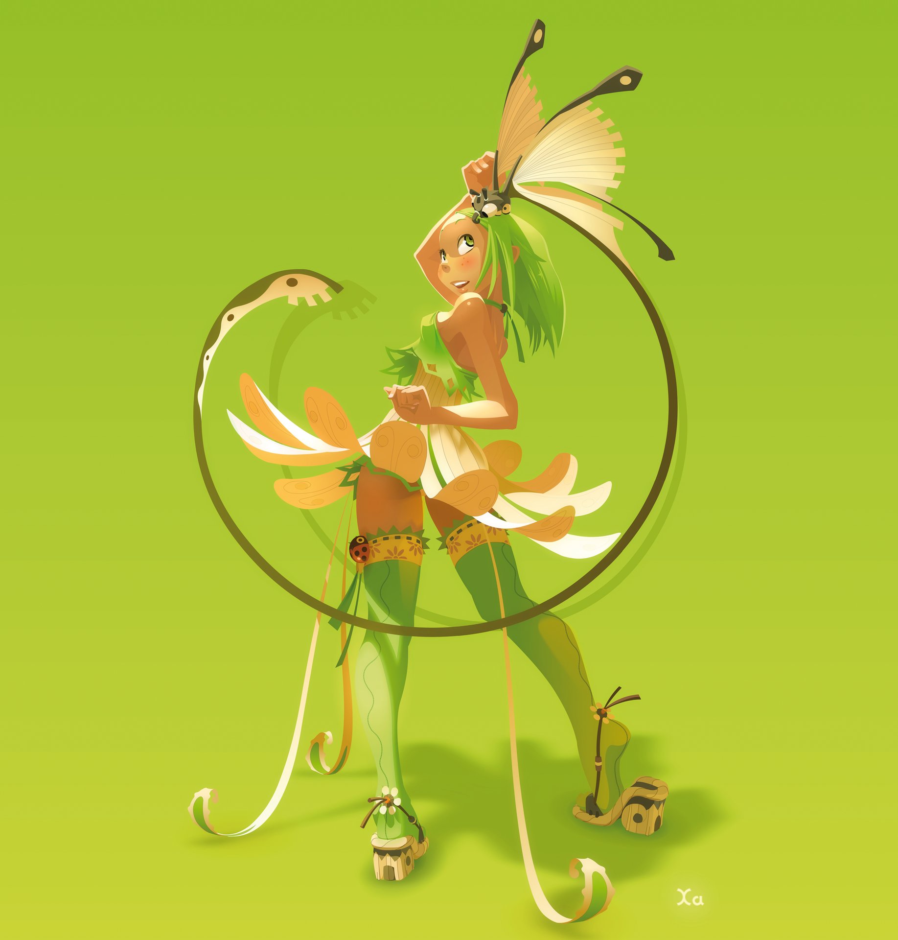 an animestyle digital illustration of a girl with green hair wearing a flower dress and butterfly wings. she is standing on a green background, and her legs are intertwined with a green vine. she is looking over her shoulder and smiling. the overall style is whimsical and fairylike.