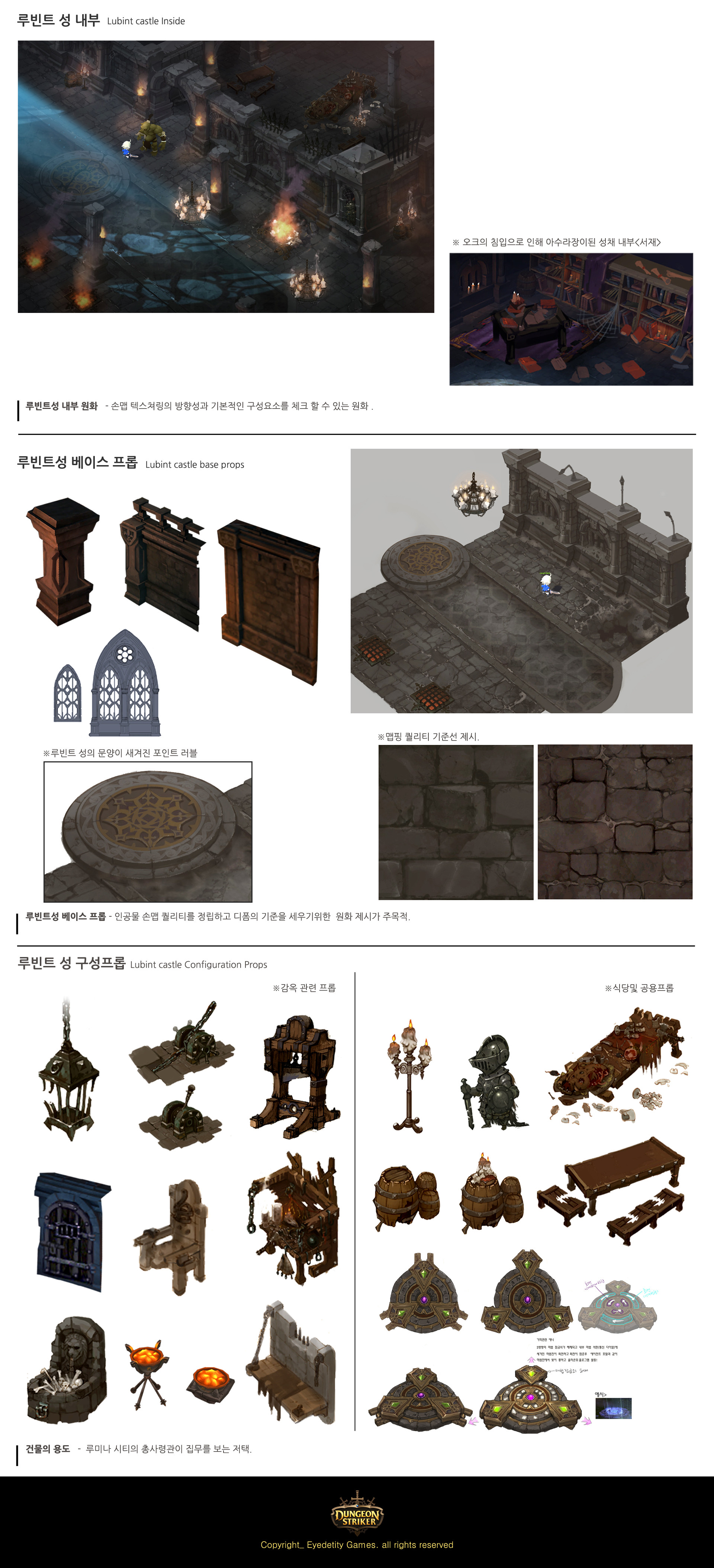 the image showcases concept art for a gothic, medievalthemed dungeon environment. it features various isometric and topdown perspectives of the dungeon, highlighting its layout, props, and potential lighting schemes. the art style leans towards a dark fantasy aesthetic, utilizing a muted color palette dominated by browns, grays, and blacks. the assets depicted include ruined architecture, stone walls, wooden furniture, and gothicinspired decorations. the overall impression is one of decay and mystery, hinting at a location with a rich backstory.
