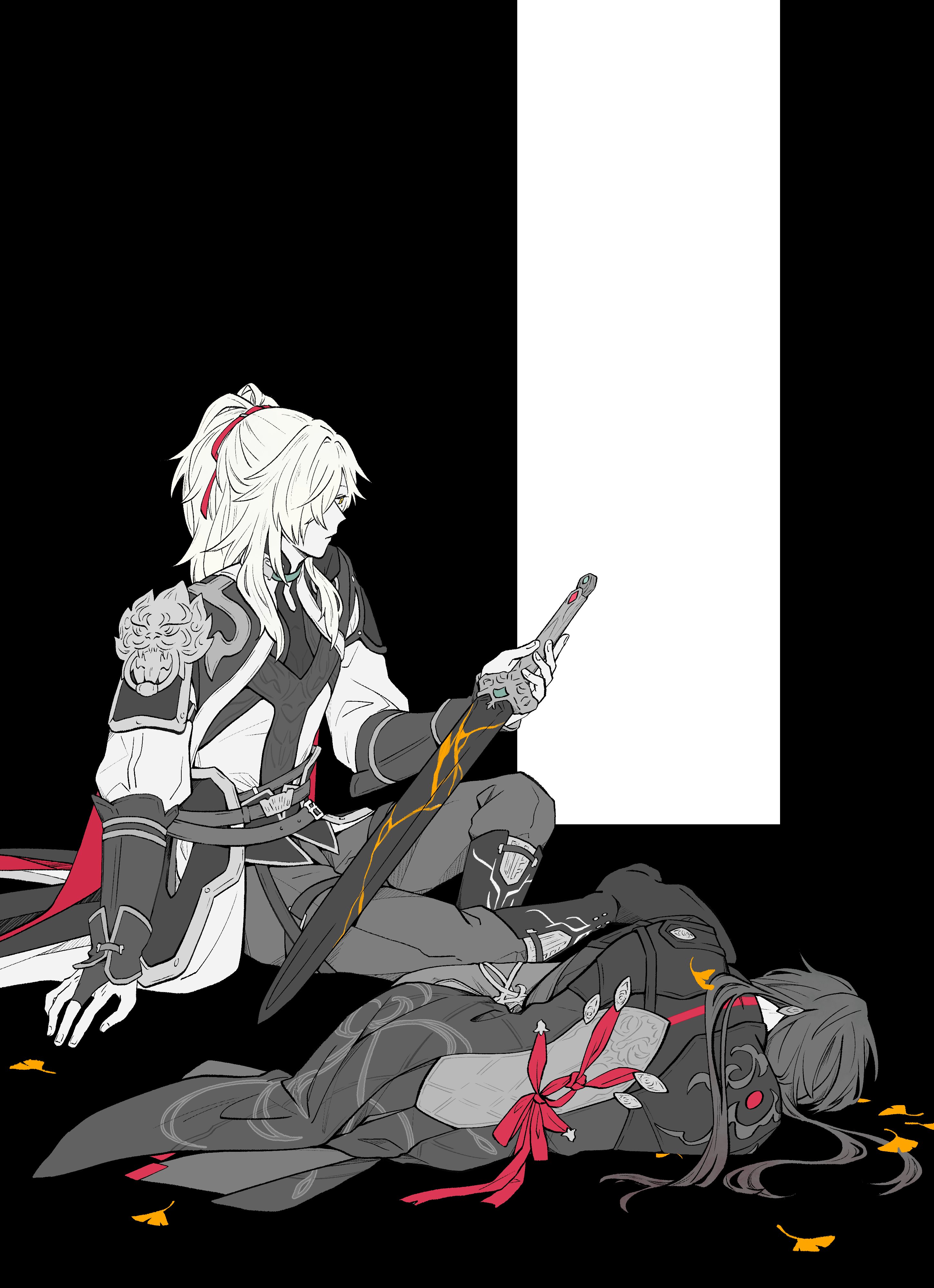 this is a digital illustration of two anime male characters. one, itto, is sitting in a black and white outfit, with white hair and a white/red ribbon. he is holding a sword that has yellow details on it. the other, xiao, is laying on the floor in a similar color scheme outfit with black hair.  he has a red bow tied around his waist. the background is white and black, similar to their outfits. there are yellow details like leaves on the floor.  they are both looking at something that is not in the frame.